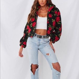 Forever 21 Rose floral faux shearling jacket